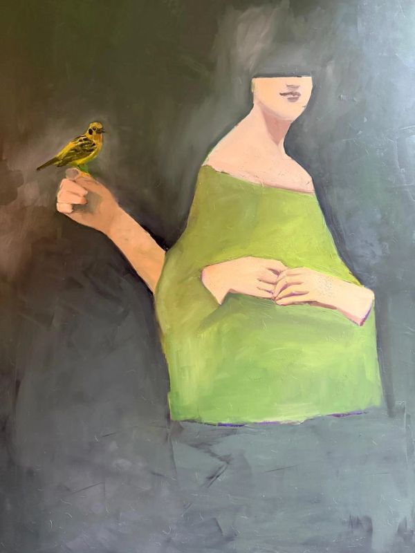 Cuadro surrealista de una figura con un pájaro amarillo.