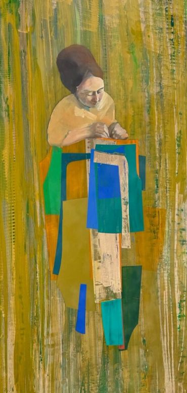 Pintura abstracta de una mujer trabajando con tela.