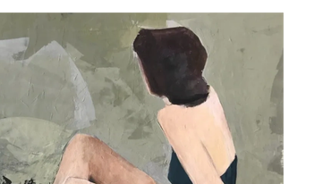 Pintura de mujer sentada con el rostro oculto.