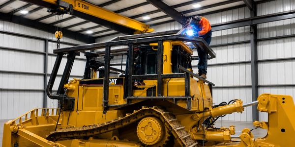 A worker welds on a yellow bulldozer inside a large industrial building.