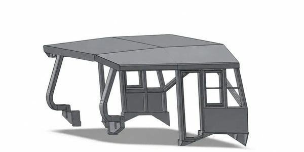 A digital 3D model of a vehicle cabin frame in gray.