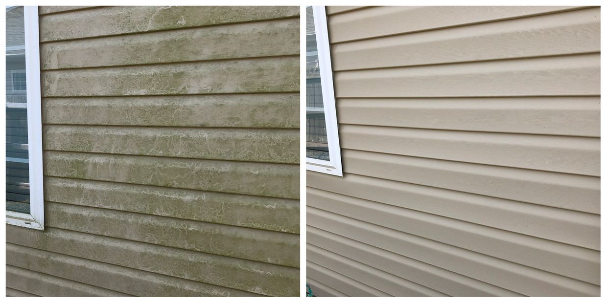 Before and after photo of a vinyl sided house after a house wash was performed.