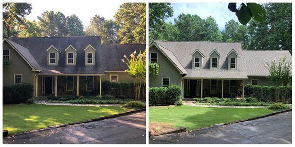 Before and after photo of a house after a roof cleaning service was performed