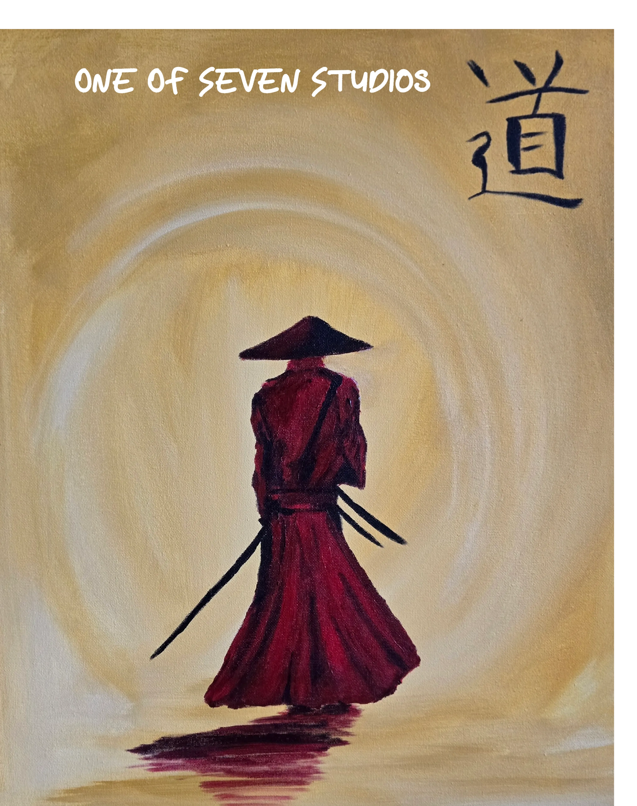 Silhouette of a lone samurai in red robes with swords against a glowing yellow background.
