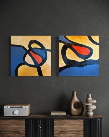 Groovy art curvy shapes blue red-orange 