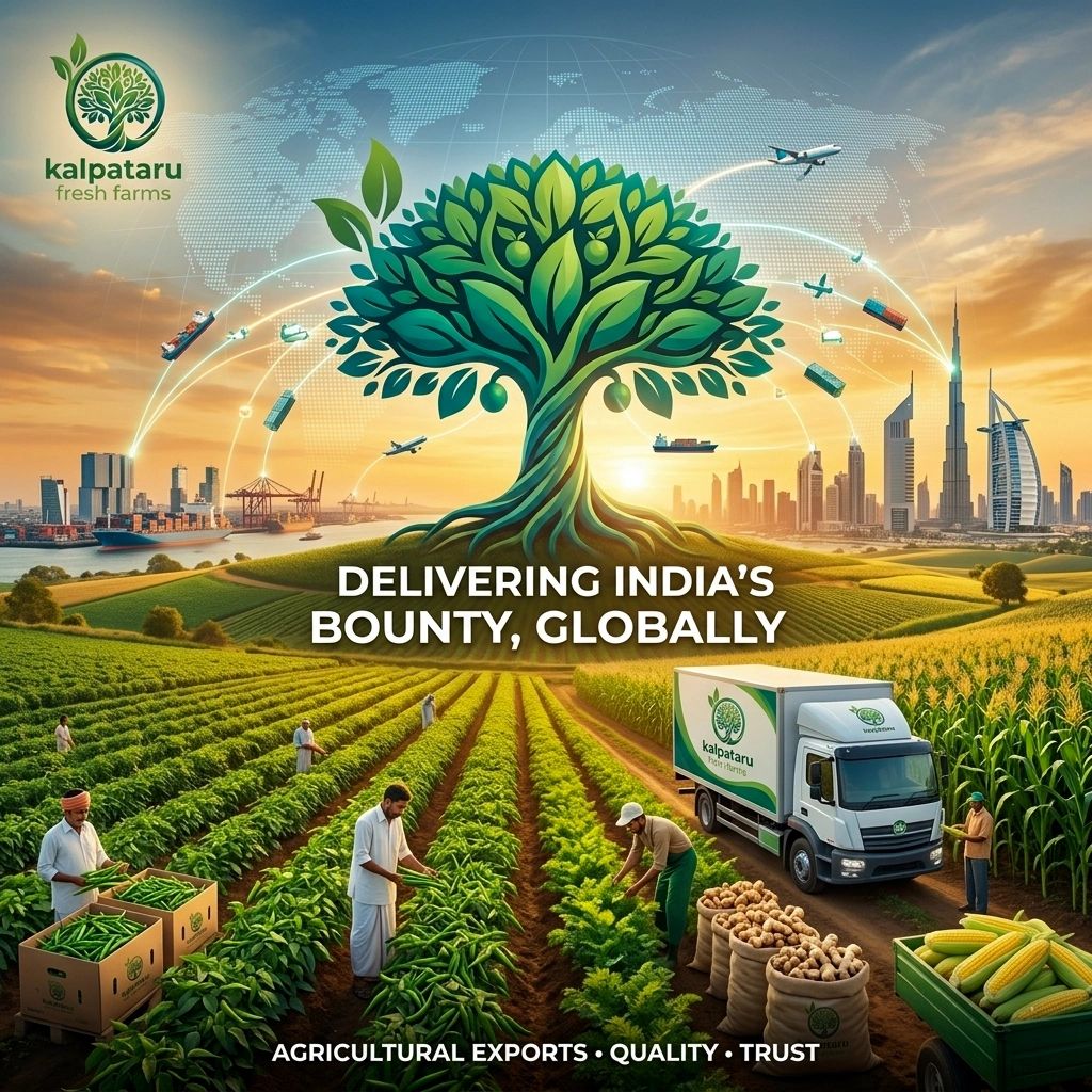 Farmers harvesting crops for global export under Kalpataru Fresh Farms.