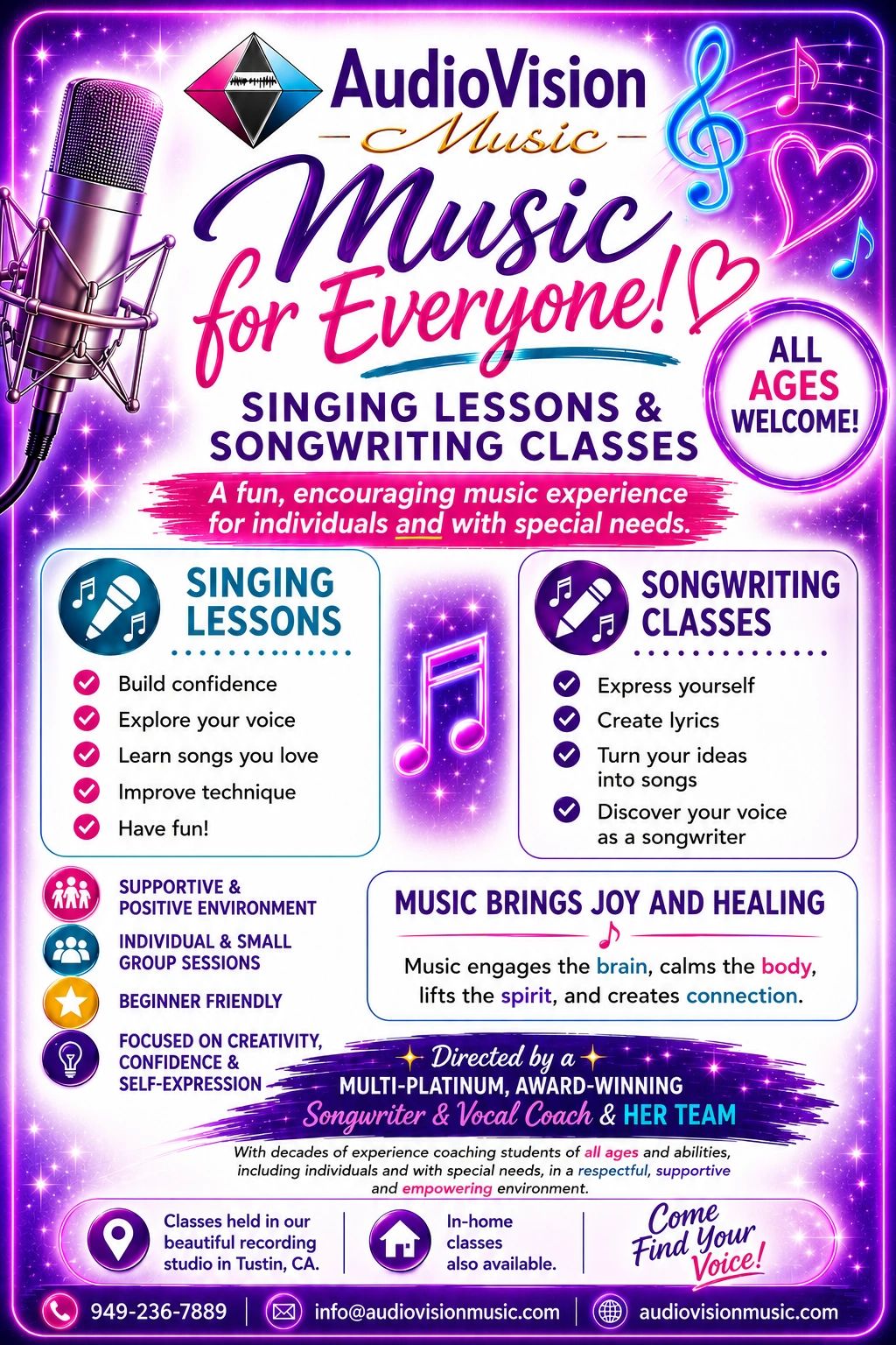 Music lessons and songwriting classes for all ages, welcoming everyone with a supportive environment.