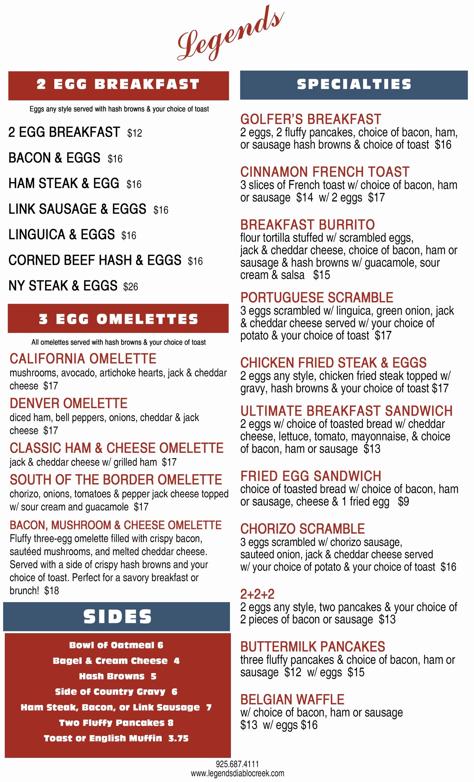 Breakfast menu featuring egg dishes, omelettes, specialties, and sides.