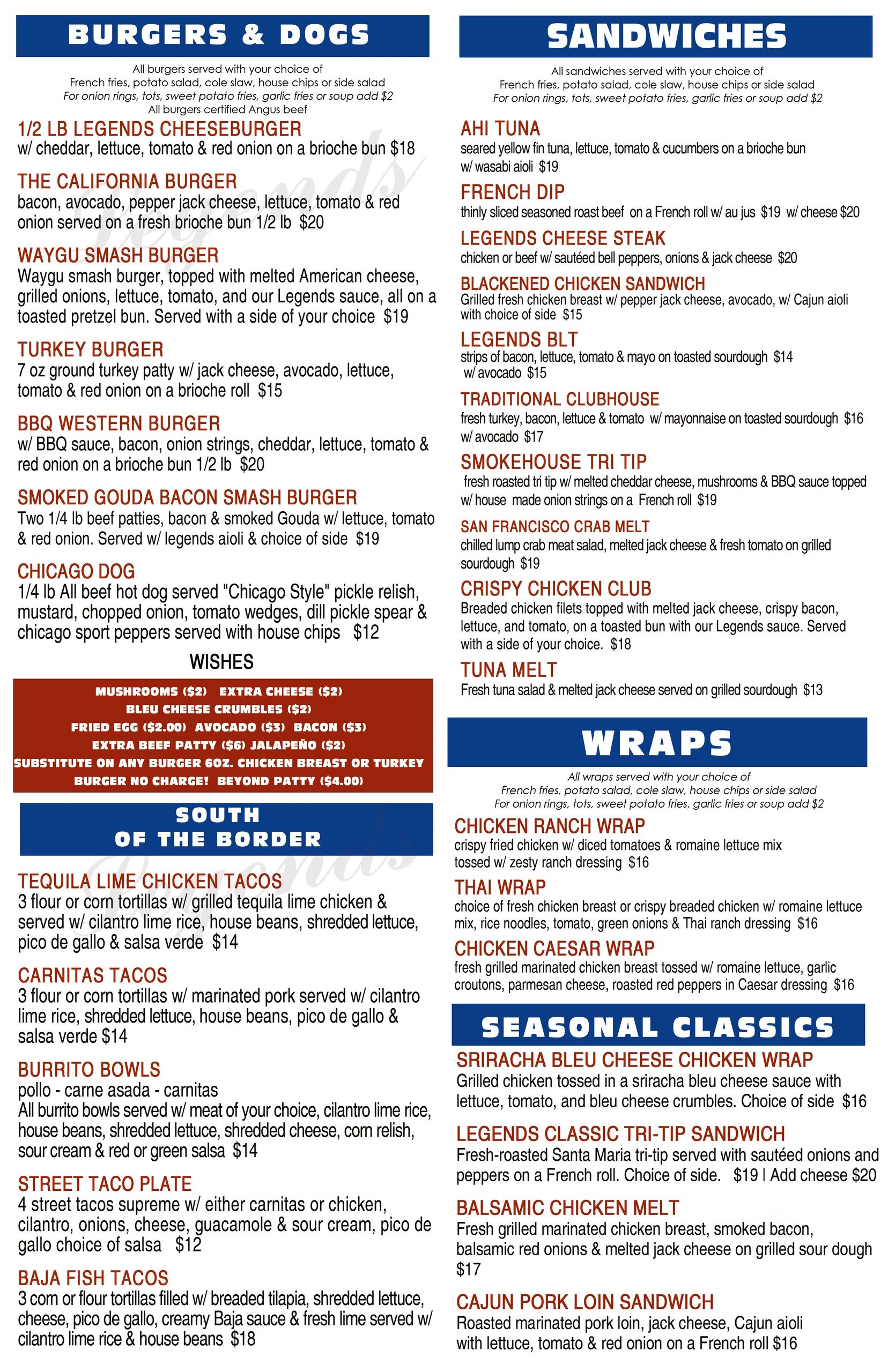 Menu featuring burgers, dogs, sandwiches, wraps, and tacos with detailed ingredients and prices.