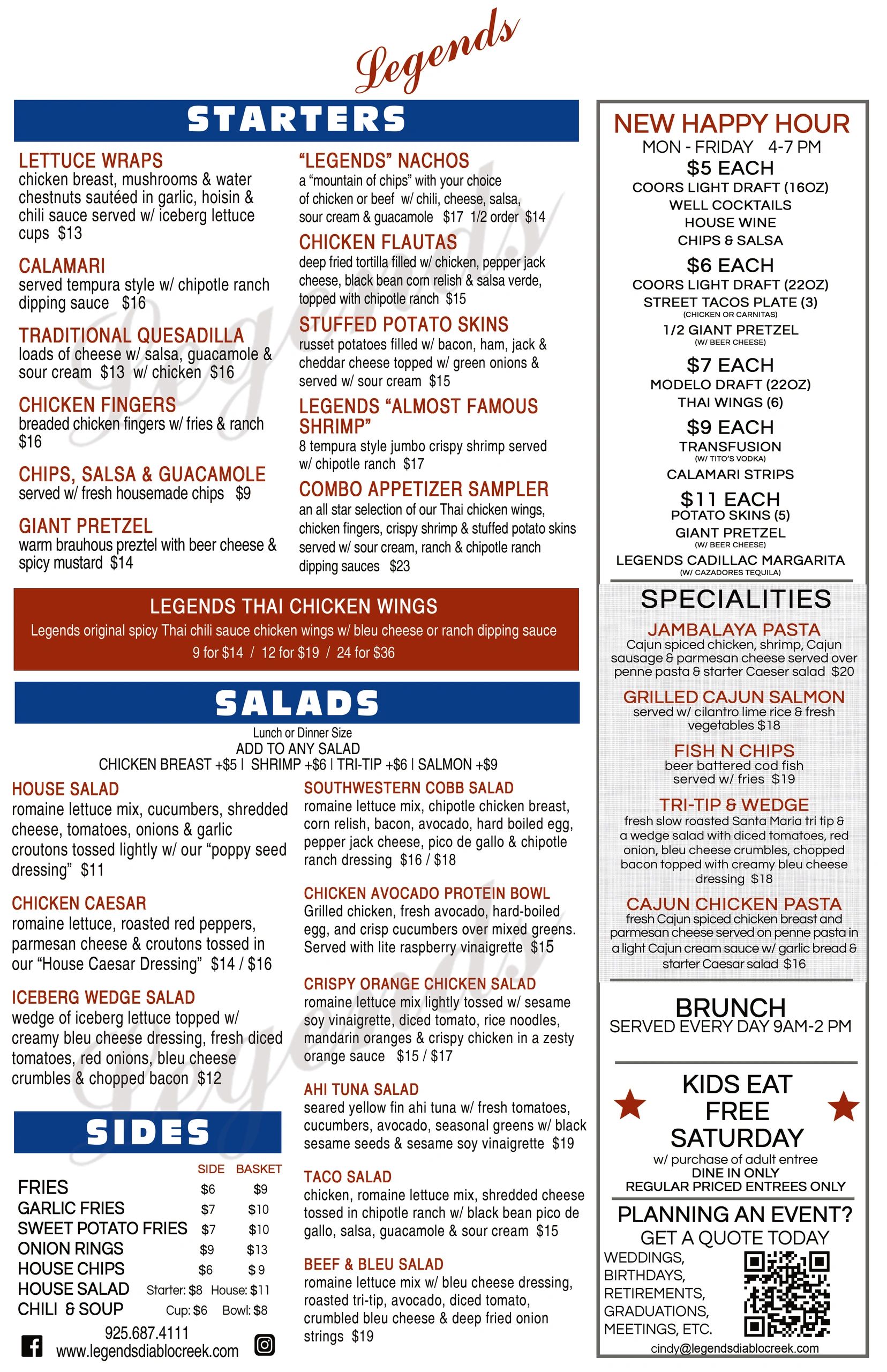 Menu for Legends restaurant showcasing starters, salads, sides, happy hour specials, and specialties.