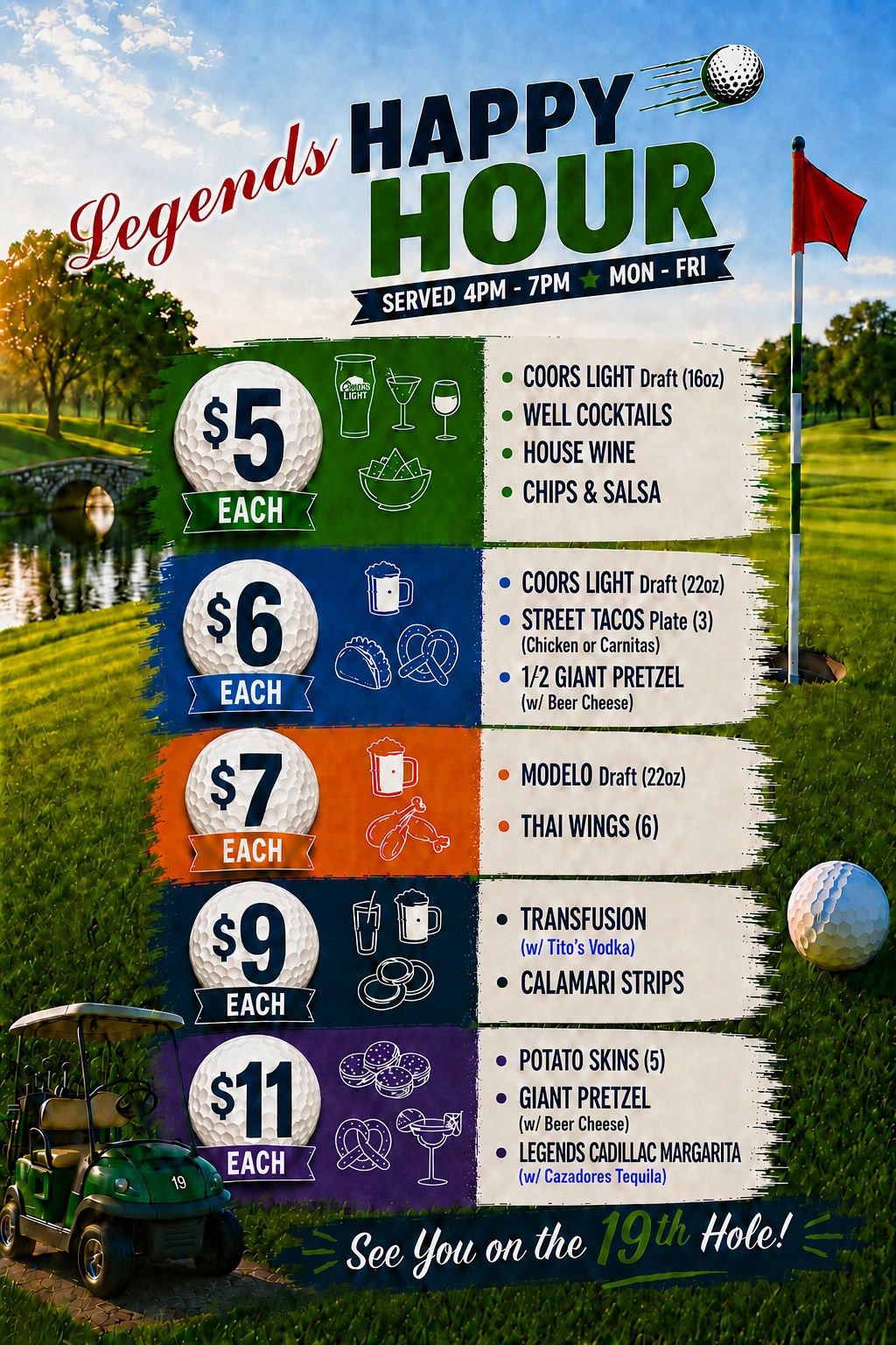 Legends Happy Hour menu with food and drink specials from $5 to $11.