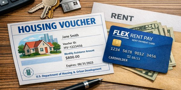 Housing voucher, rent payment card, and cash on a wooden table.