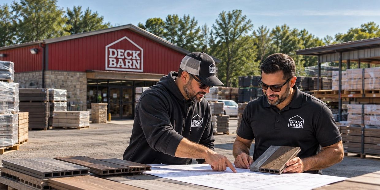Deck Barn team helping a contractor with deck plans and material samples