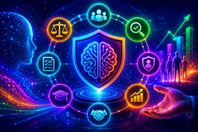 Digital brain shield surrounded by icons symbolizing knowledge, growth, and protection.