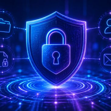 Digital shield with a padlock symbolizing cybersecurity and data protection.