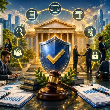 Legal professionals collaborating with data and technology in front of a courthouse.