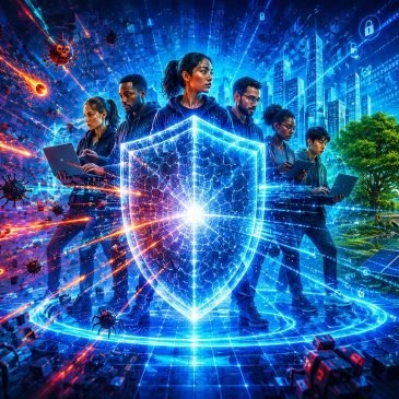 Team of diverse cybersecurity experts defending against digital threats with a glowing shield.