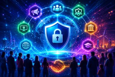People observing a digital shield symbolizing global cybersecurity and protection.