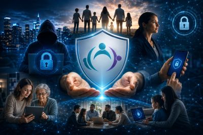 Collage showing digital security and family protection concepts.