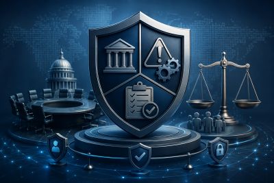 Shield with legal and regulatory icons symbolizing governance and compliance.
