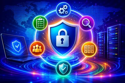Digital cybersecurity concept with shield and lock icons surrounded by technology symbols.