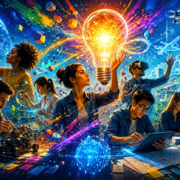 A diverse group of innovators collaborating with futuristic technology and ideas.
