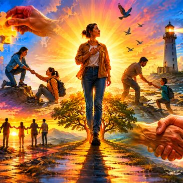 A vibrant scene of connection, support, and hope with people helping each other under a glowing sunset.