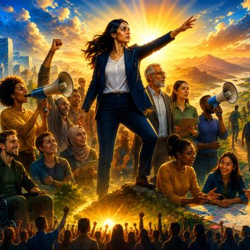 A diverse group unites for a hopeful future with a woman leading at sunrise.