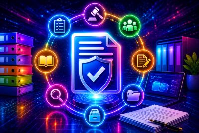 Neon icons of document management and legal concepts surrounding a protected file.