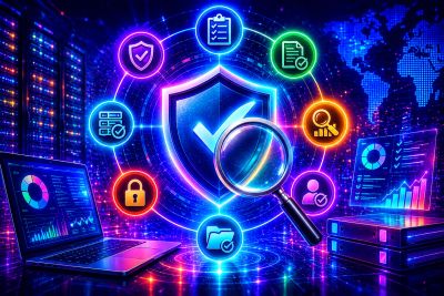 Digital cybersecurity concept with shield, magnifying glass, and data icons in neon colors.