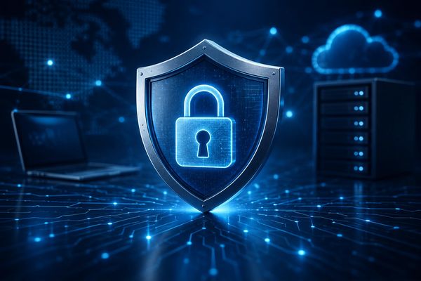A glowing lock on a shield symbolizes cybersecurity and data protection.