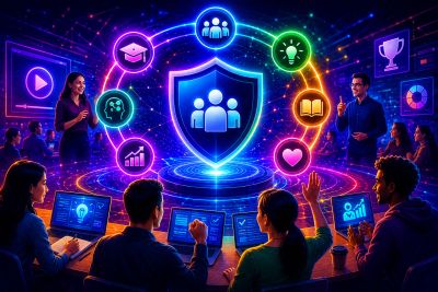 People collaborating around laptops with vibrant icons representing knowledge and success.