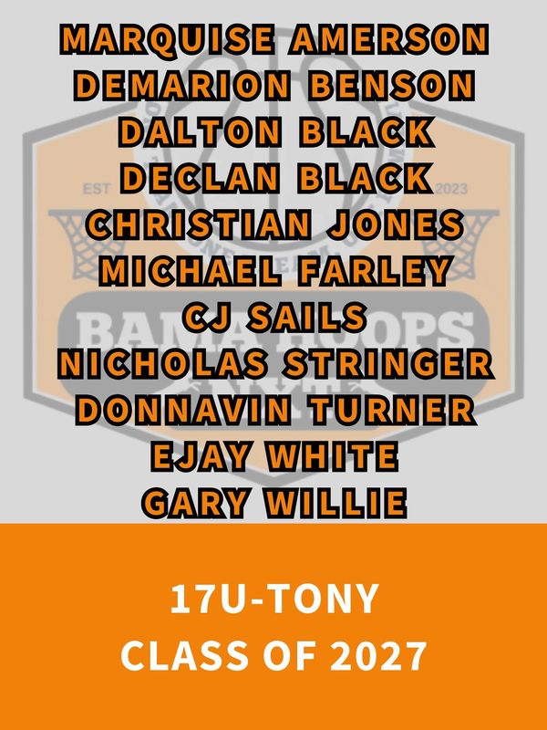 Basketball team list for 17U-Tony, class of 2027.