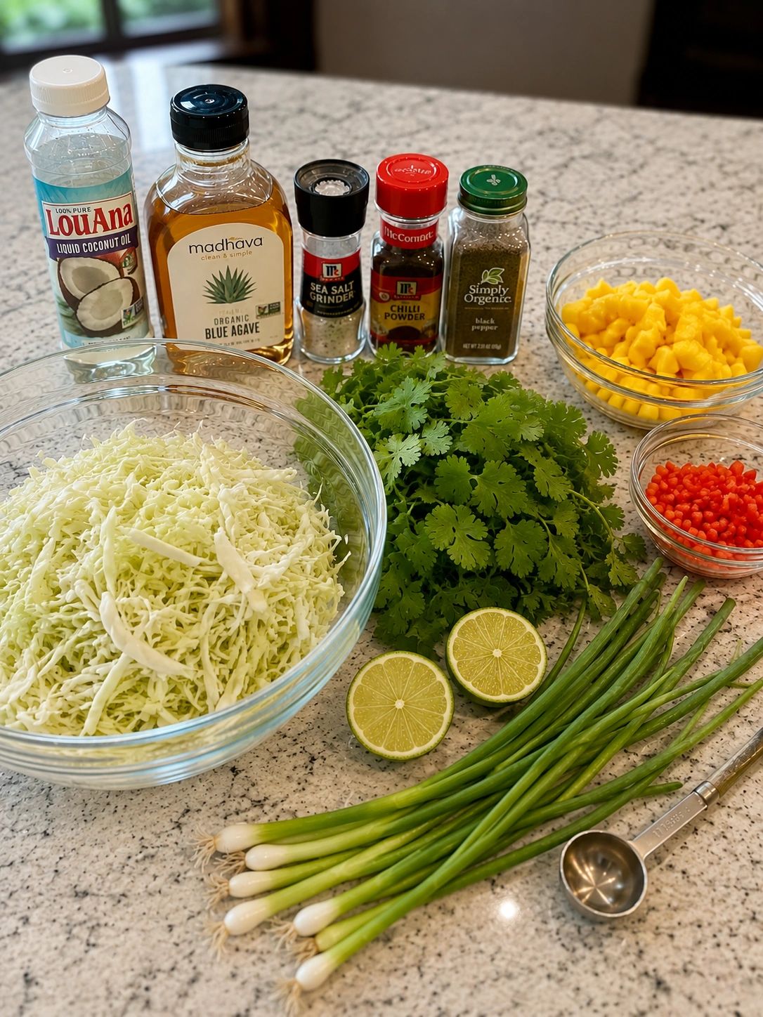 Ingredients for a fresh salad or salsa preparation.