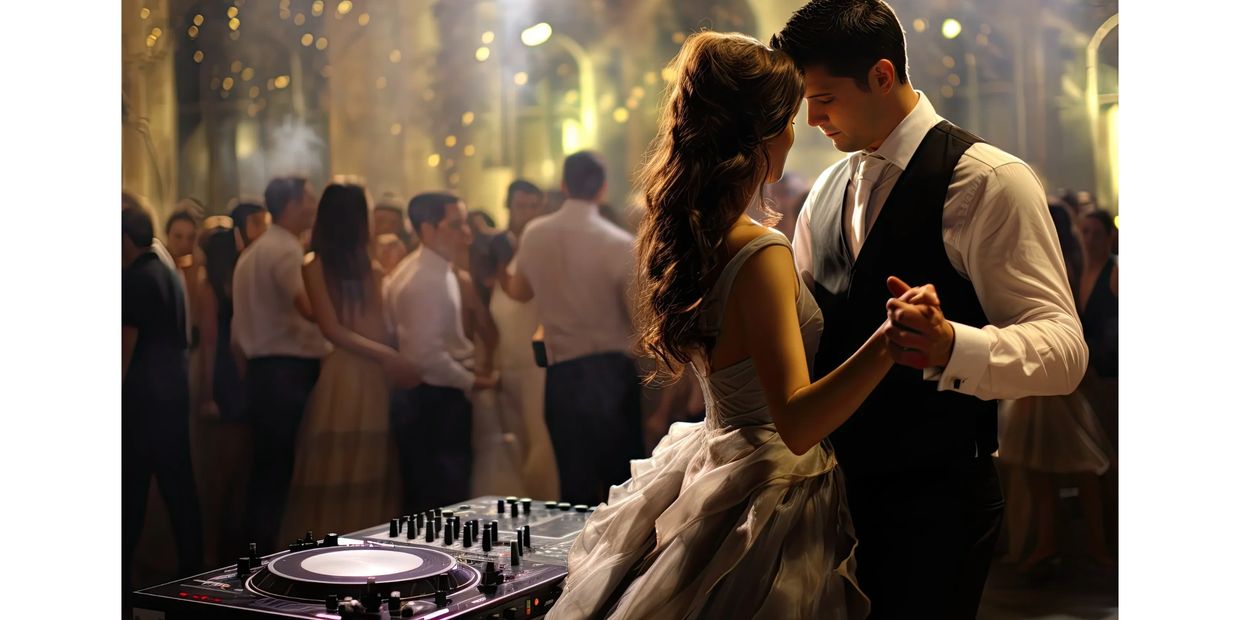 Beautiful couple dancing next to the dj gear as guests converse and enjoy the party behind them.
