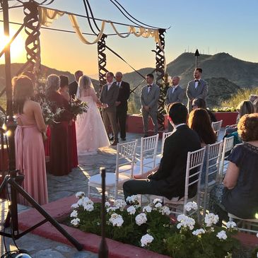ceremony backdrop mountains as couple exchange their vows, #weddingceremonydj #tapatiocliffsresort