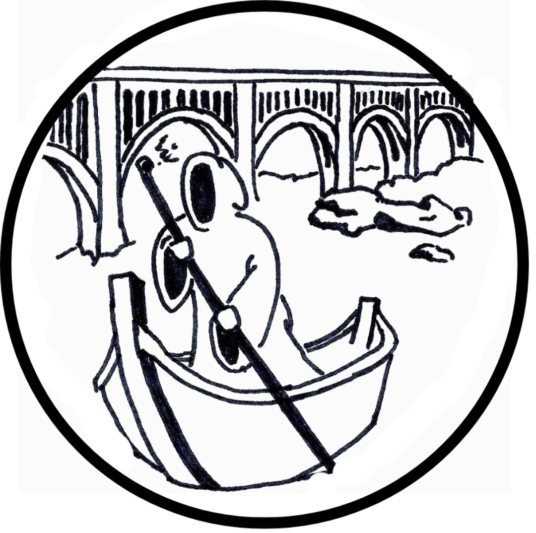 Black and white drawing of Charon rowing across the James River.