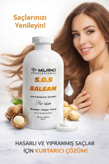 Milano S.O.S Balsam hair treatment revitalizes damaged hair with macadamia, collagen, and protein.