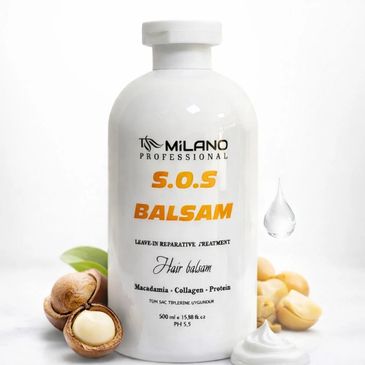 Milano Professional S.O.S Balsam hair treatment with macadamia and collagen.