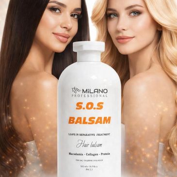 Two women with smooth hair and a bottle of Milano Professional S.O.S Balsam hair balm.