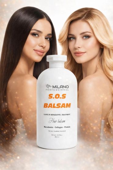Two women with flawless hair showcasing Milano Professional S.O.S Balsam for hair care.