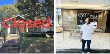 House with a closed sign and a man holding paperwork at an office.