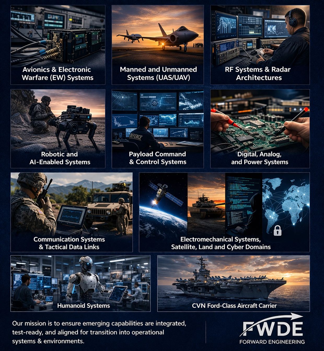 Collage of advanced defense and technology systems by FWDE.