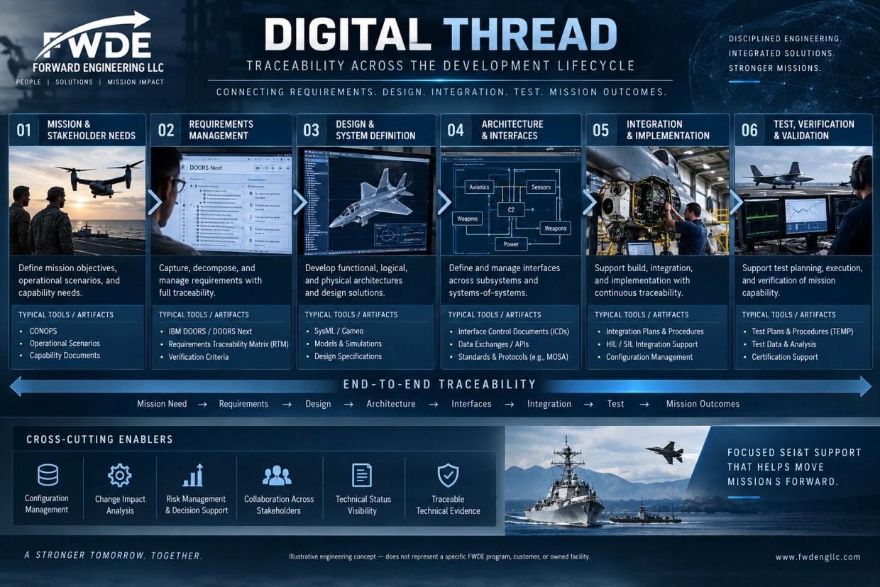 Infographic illustrating FWDE's Digital Thread for traceability across development lifecycle.