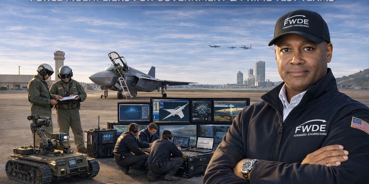 Man in FWDE jacket stands confidently at an airfield with military technology and aircraft in the background.