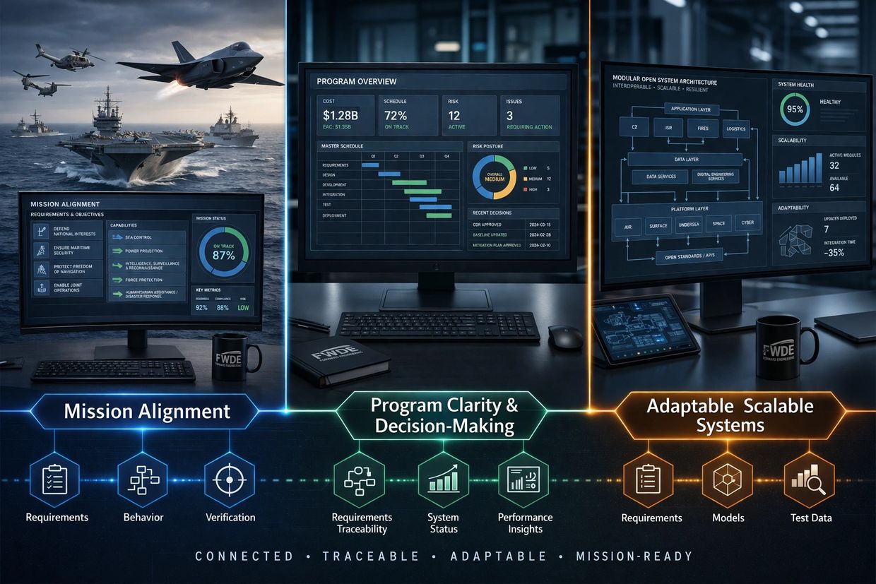 Three computer monitors displaying military and system data for mission alignment, program clarity, and adaptable systems.