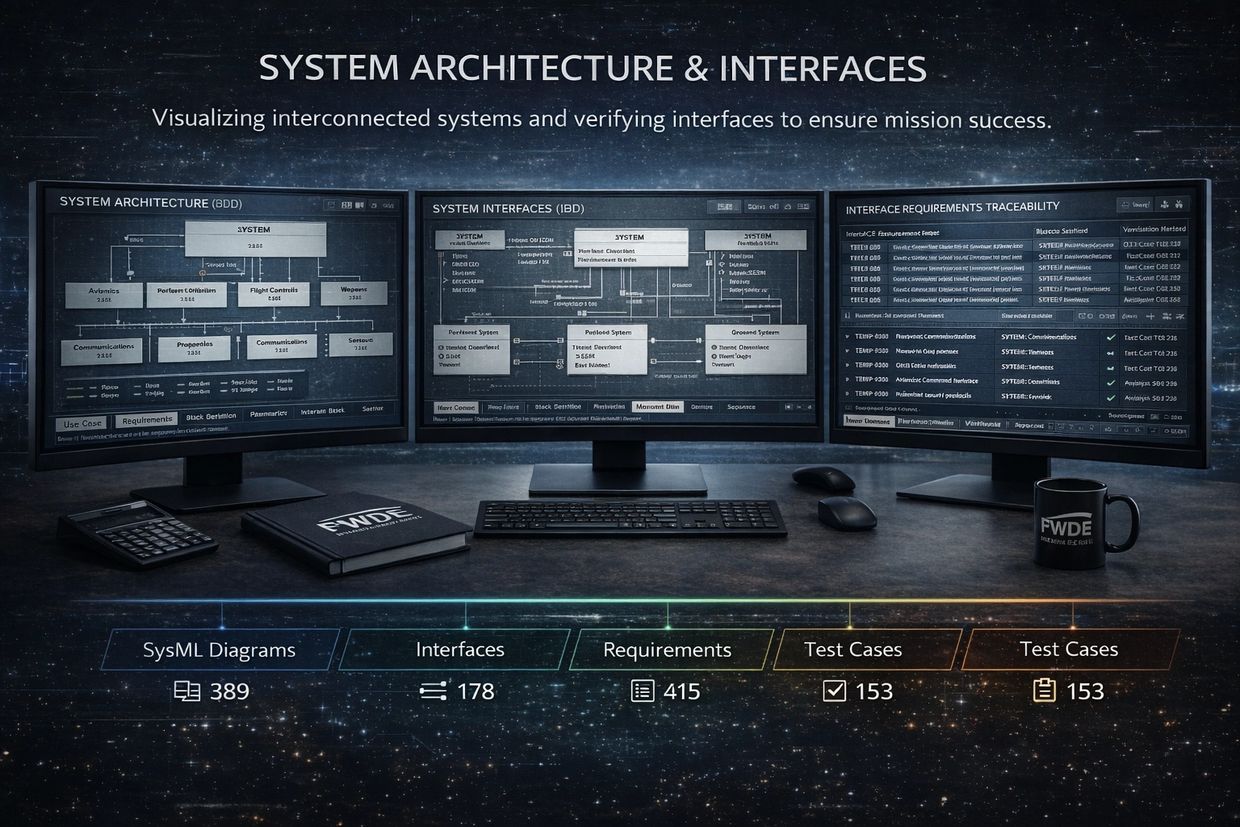 Triple monitor setup displaying system architecture, interfaces, and requirements for mission success.