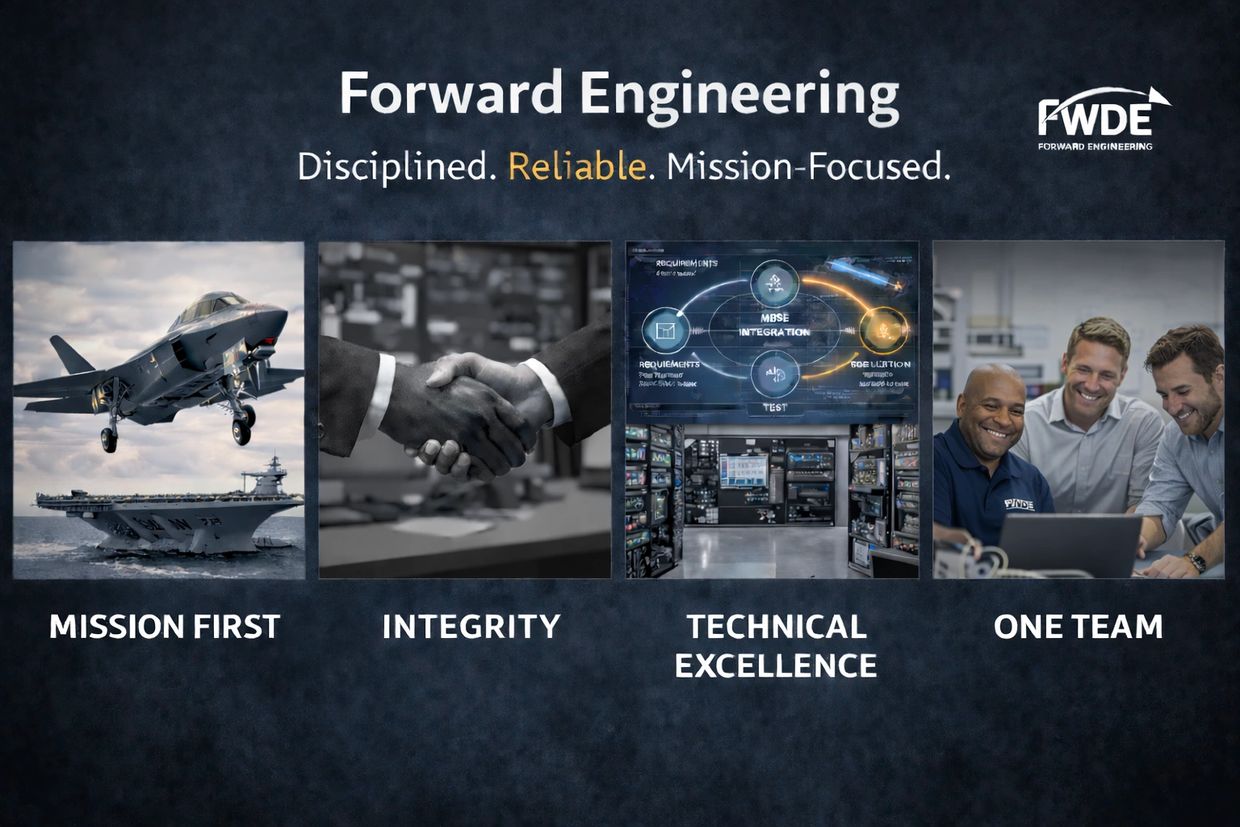 Forward Engineering values mission focus, integrity, technical excellence, and teamwork.