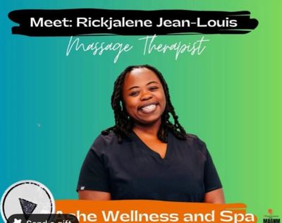 Portrait of Rickjalene Jean-Louis, a smiling massage therapist in black scrubs.