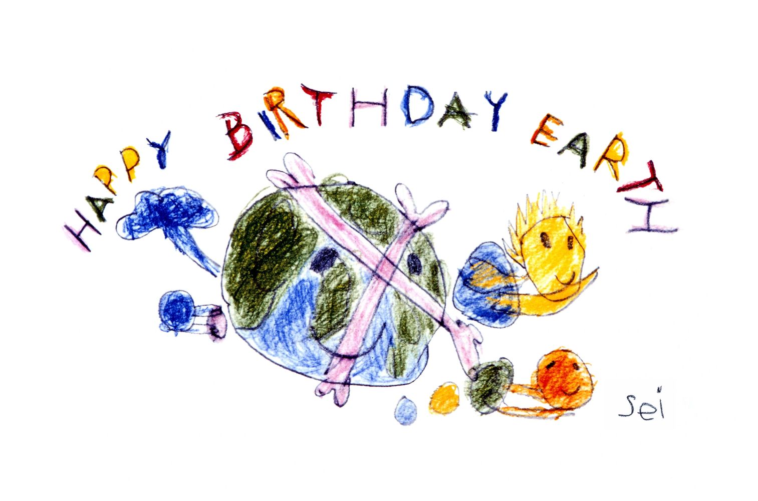 Child's colorful birthday drawing with Earth and smiling faces.